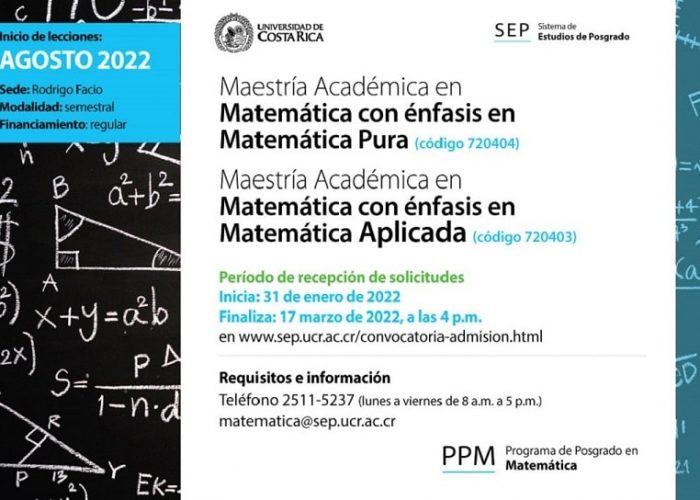 El Programa de Posgrado en Matemática abre período para solicitar admisión a sus maestrías.